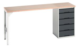 verso pedestal bench with 5 drawer 525W cab & mpx worktop. WxDxH: 2000x600x930mm. RAL 7035/5010 or selected Verso Pedastal Benches with Drawer / Cupboard Unit